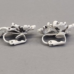 Vintage Clamper Bracelet Clip On Earrings Set White Enamel Black Washed Flowers