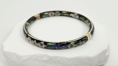Vintage Chinese Black Cloisonné Enamel Bangle Bracelet Floral Hinged Gilt Brass