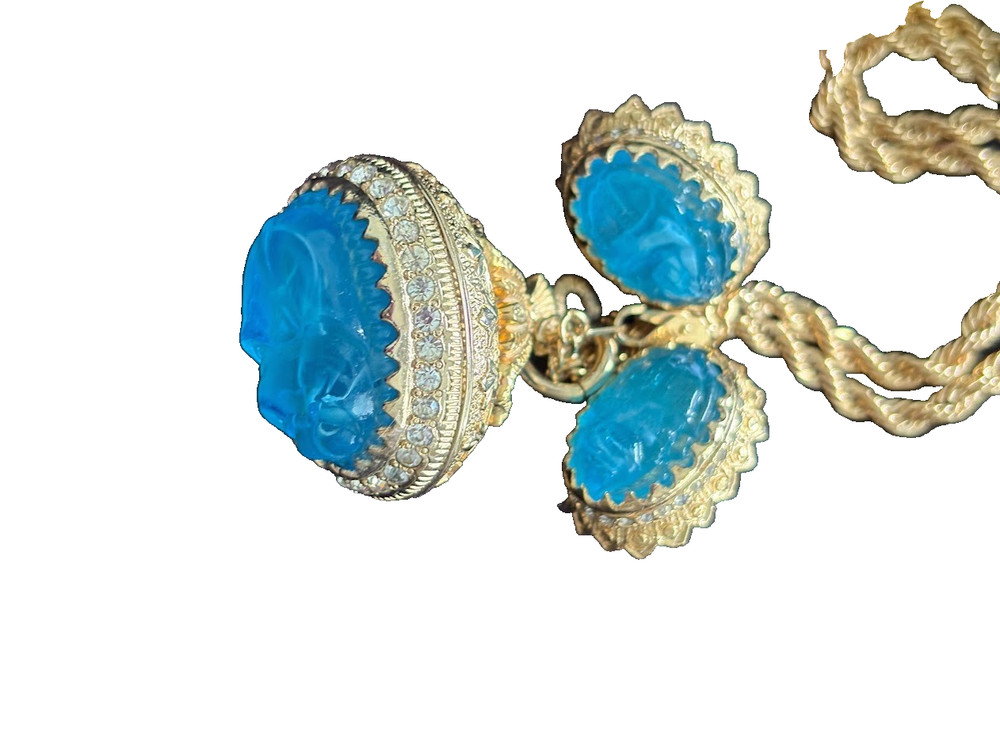 Nettie Rosenstein Carved Glass Fob Necklace earring Demi Paru Gold Tone
