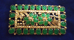 Antique Emerald Cabochon Flower Marcasite Pin Brooch Silver Tone Early 1900 RARE