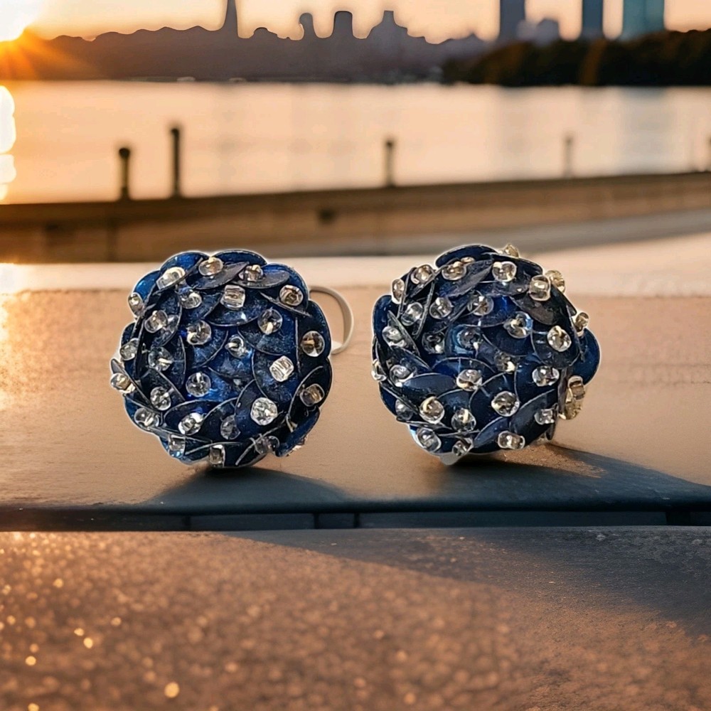 Vintage Handmade Studded Beads Blue Sequins Ornate Clip-On Screw Earrings K50
