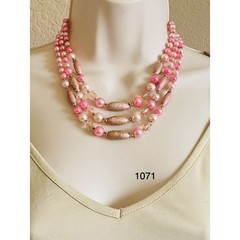 Japan Necklace VTG Glass Pink Pearl Multi Bib Beaded 1960s Glamour Rare Retro