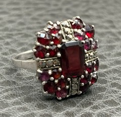 Vintage Art Deco Era Bohemian Garnet Marcasite Sterling Silver Ring Size 5.5