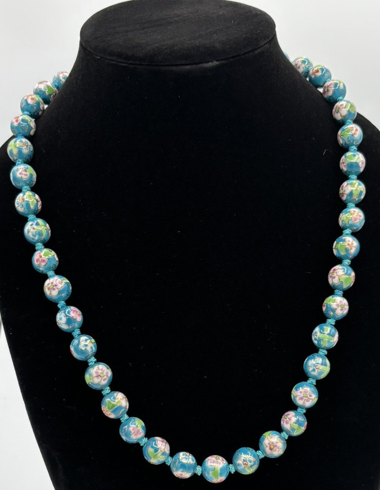 Vintage Chinese Turquoise Cloisonne Enamel Hand-Knotted Floral Bead Necklace 26