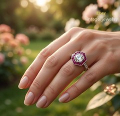 Round Cut 1.75CT Lab Created Diamond Vintage Hexagon Halo Ring 14K White Gold FN