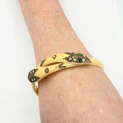 Antique Art Deco Ivory Celluloid Paste Green-Eyed Snake ARM Band Bangle Bracelet