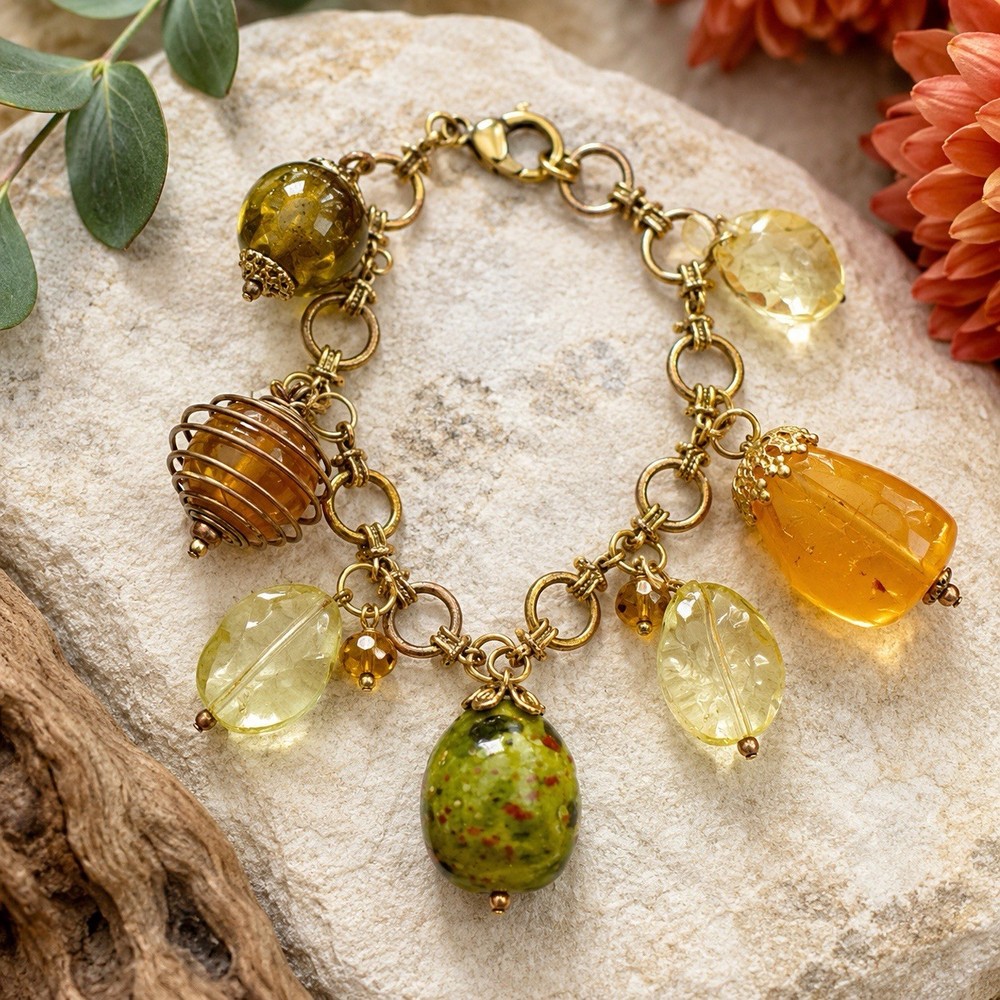 Vintage Boho Art Glass Charm Bracelet Gold Tone Wire Wrapped Amber Green Beads