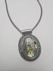Vintage Silver Tone Abalone Shell Oval Pendant Necklace Boho Statement Jewelry
