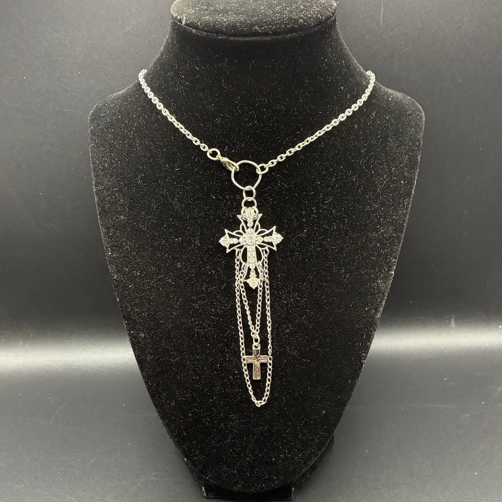 CUSTOM One-of-a-Kind Chain Necklace with a Festoon Style Cross, Silver Tone