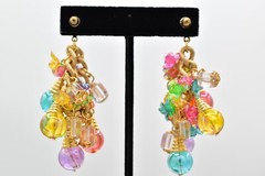 Vintage Ornament Beaded Dangle Earrings Chain Multi-Color Lucite Chunky NOS A28