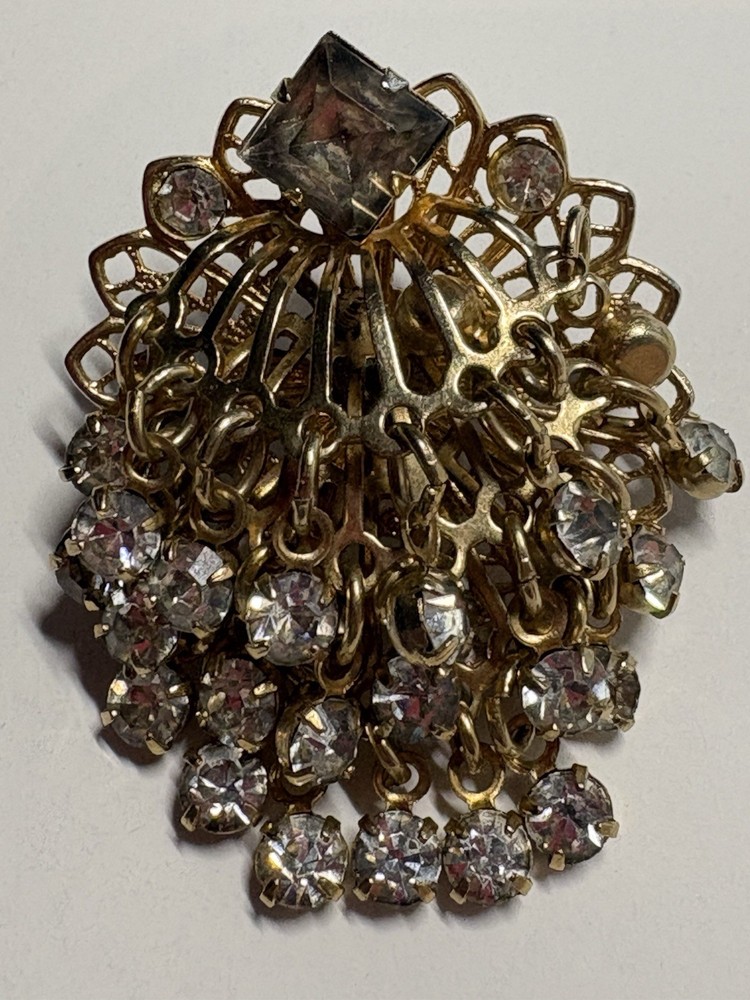 Vintage 1930s Rhinestone Dangle Brooch Gold Tone Filigree PAT 2066969 Art Deco