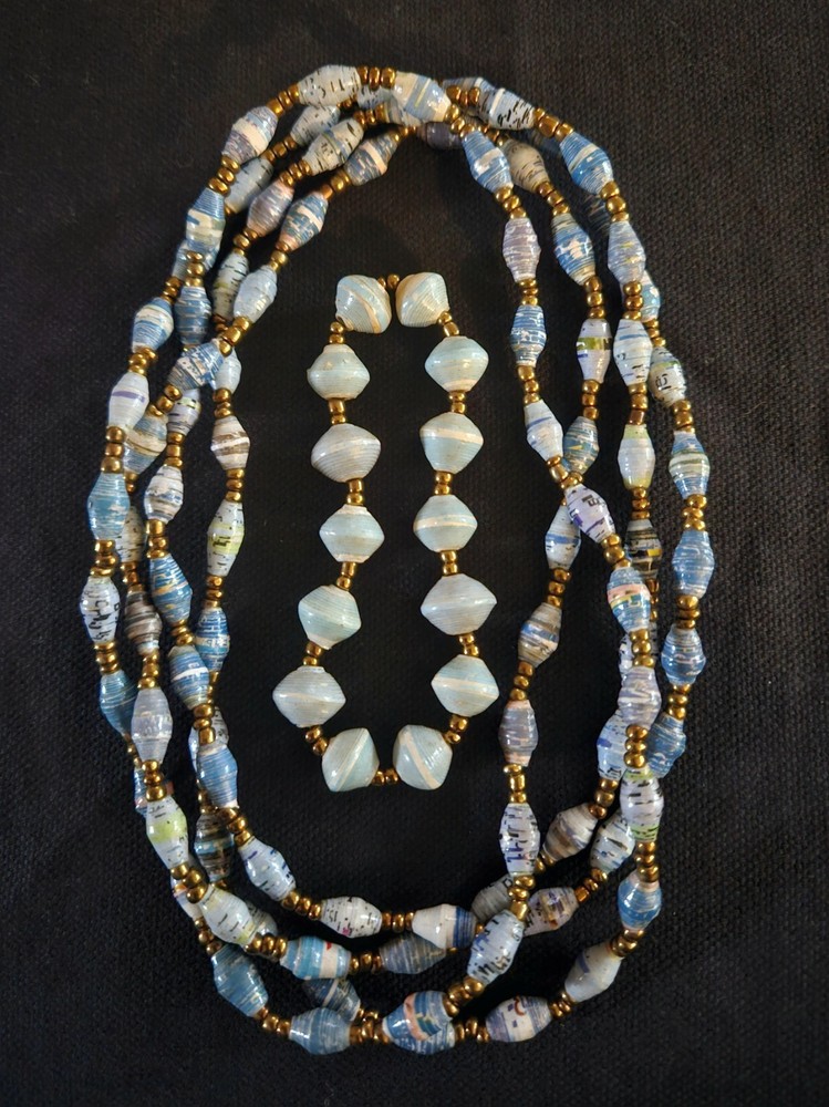 Vintage Necklace And Bracelet Set/ Paper Beads/ Blue And Gold / 29 Inch Long