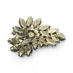 Vintage 1950s Peacock AB Emerald Rhinestone Brooch Silver Tone Marquise Chaton