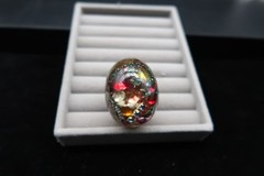 Vtg Domed Confetti Gold Tone Acrylic Resin Artist Made Adjustible Ring Fireworks