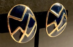 Memphis Style Geometric Earrings 1980s Navy Blue Gold Tone Clip-On Vintage Retro