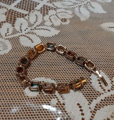 Vintage Bracelet, Gold Tone with Multicolor Emerald Cut Faux Stones. 7-1/2″