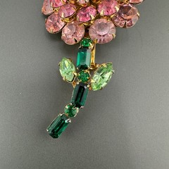 Vintage Judy Lee Rhinestone Flower Brooch Shades of AB Pink Green Long Stem READ