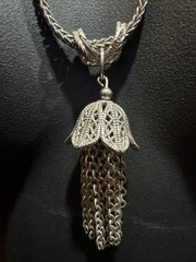 Gun Metal Gray Snake Chain Necklace w/ Faceted Articulated Flower Tassel Pendant