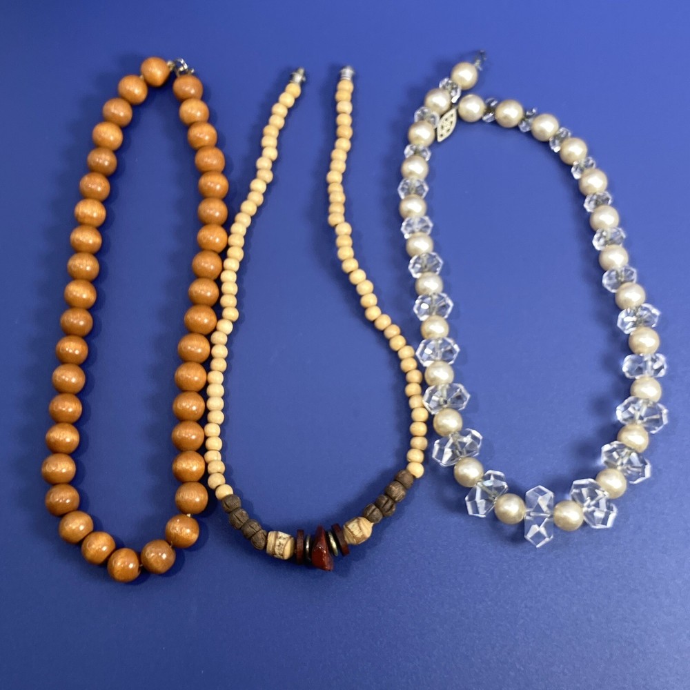 Lot of 3 Vtg Mixed Material 15″ Choker Strand Necklaces Glass Wood Plastic Stone