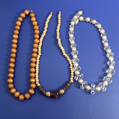 Lot of 3 Vtg Mixed Material 15″ Choker Strand Necklaces Glass Wood Plastic Stone