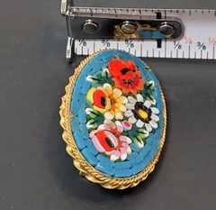 Italian Mosiac Flower Brooch Aqua Background Multicolor Flowers Italy 1.75″