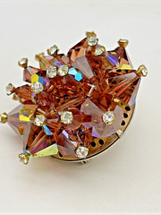 Vtg Smoky Quartz Amber AB Rhinestone 3D Pyramid MCM Geometric Brooch Earring Set