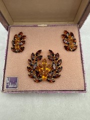 Vtg B David Smoke & Topaz Rhinestone Brooch Earrings Set Marquise Leaf Gold Tone