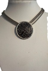 Silver Tone Black 3 Chain Pendant Necklace Collar Filigree Slide Adj 18″ Estate