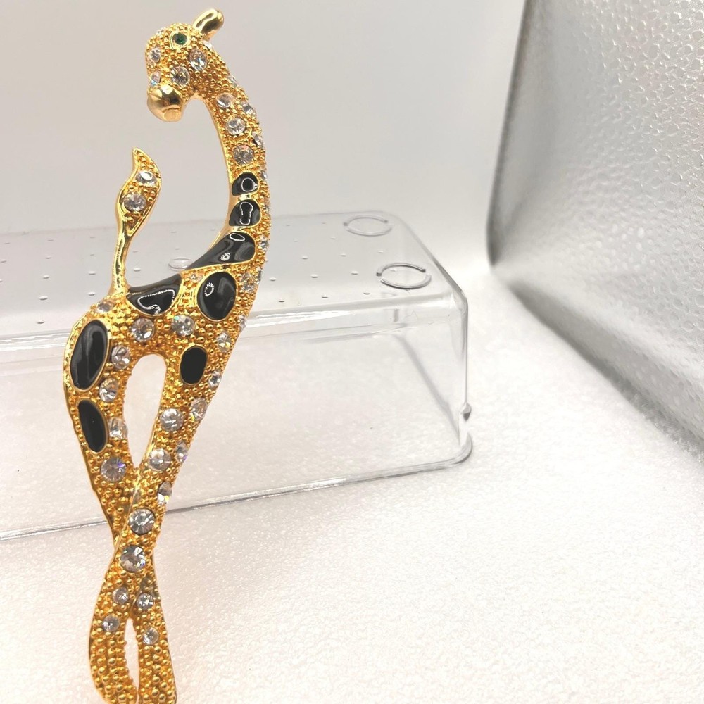 Vtg Giraffe Brooch 6″ Rhinestones Gold Tone Black Enamel Africa Figural Safari