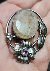 Vintage Sterling Silver Rutilated Quartz Amethyst Flower Brooch Pin Floral 1.5″