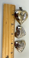 Vintage Silver Tone Puffed Heart Pendant Clip Earrings Set Modernist Statement
