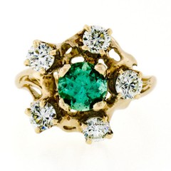 Vintage 14k Yellow Gold Round GIA RARE UNTREATED Emerald Solitaire Diamond Ring