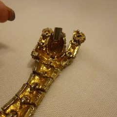 Vtg Articulated Green Eyed Tiger Bracelet Gold Tone Pave Rhinestones Blk Enamel