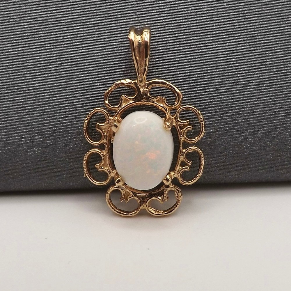 14k Gold White Opal Charm Pendant Scalloped Edge Flower October Birthstone