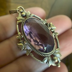 Antique Art Nouveau Pendant 2 Inch Roses Purple Faceted Mn Glass Glows Gold Fill