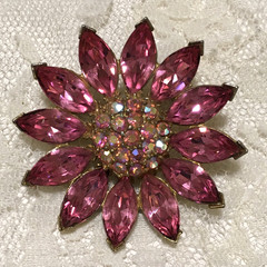 Vintage Pot Metal Brooch Gold Tone Pink Rhinestone Spring Jewelry
