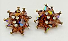 Vtg Smoky Quartz Amber AB Rhinestone 3D Pyramid MCM Geometric Brooch Earring Set