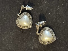 Vintage Sterling Silver Marcasite Puffy Heart Dangle Earrings