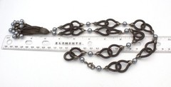 Gun Metal Link Woven Chain Link Gray Faux Pearl Fringe Long Pendant Necklace
