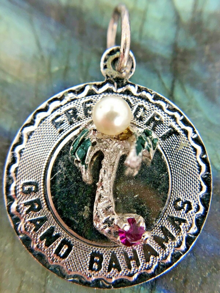 Vintage Sterling Silver Faux Pearl Freeport Grand Bahamas Pendant 2.5 Grams