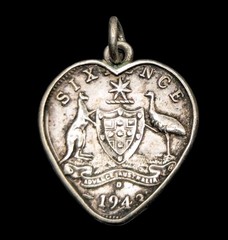 Vtg 1943 Australia Sixpence Heart Shaped Coin Charm Pendant Sweetheart Jewelry