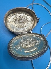 Antique 800 Silver Repousse Floral Basket Pill Box Pendant 925 16” Chain