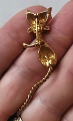 Vintage Gold Tone Cat with Red Rinestone Eyes and Chain Tail Brooch Pin Jewelry