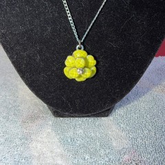 Vintage Silver Tone Lime Green Art Glass Cluster Flower Rhinestone Necklace