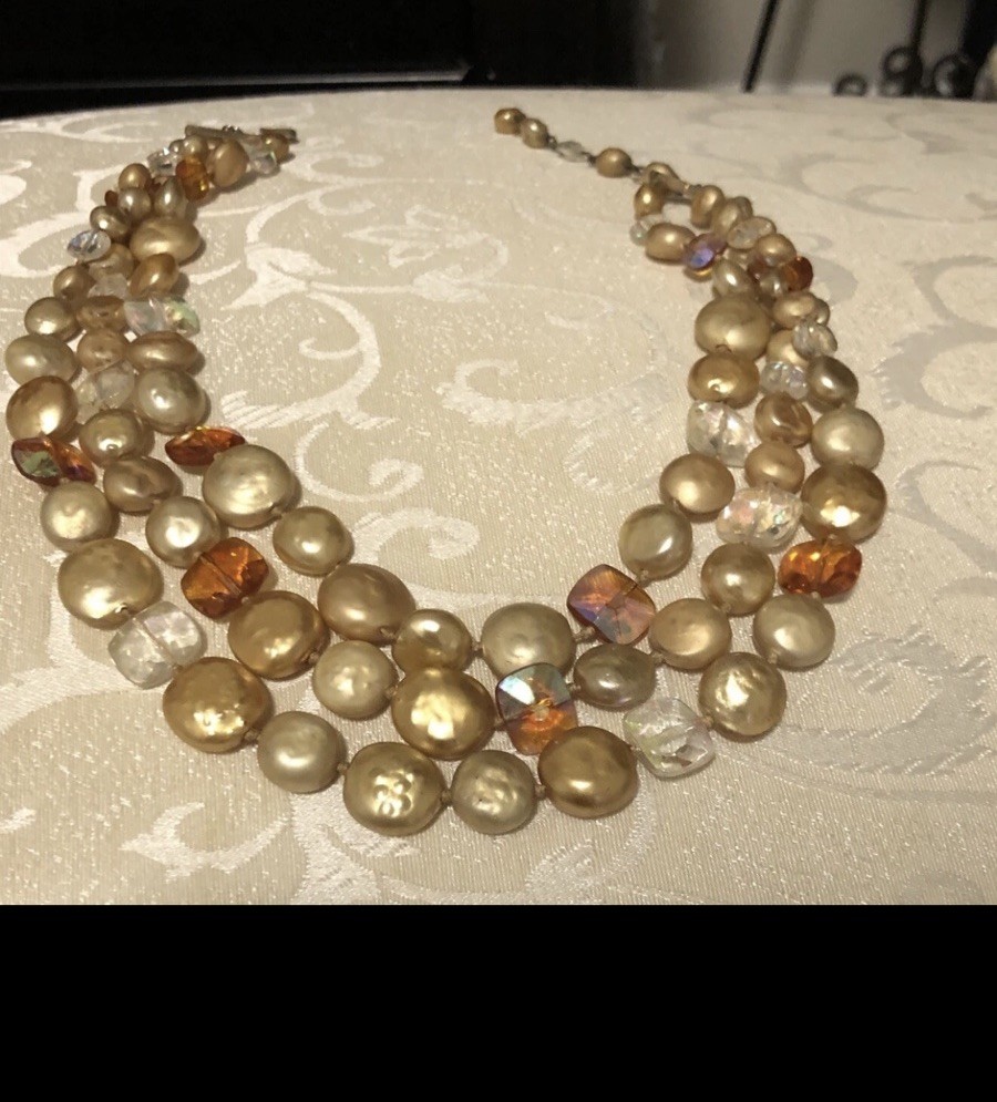 Vintage 1950s Triple Strand Hand Knotted Champagne Faux Pearl Necklace Amber