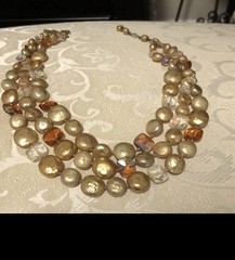 Vintage 1950s Triple Strand Hand Knotted Champagne Faux Pearl Necklace Amber