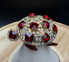 Brooch Turtle Figural Red Rivoli & Clear AB Rhinestone Large 2.25″ Vintage 1960s