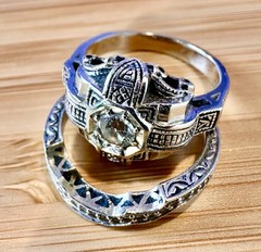Art Deco 14k White Gold Diamond Wedding Engagement Ring Set Handcrafted Filigree