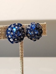 Vintage Handmade Studded Beads Blue Sequins Ornate Clip-On Screw Earrings K50