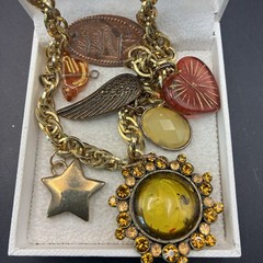 Vintage Brassy-Bronzy Chain Necklace of Mixed Metals: Heart, Bird, Angel Wing